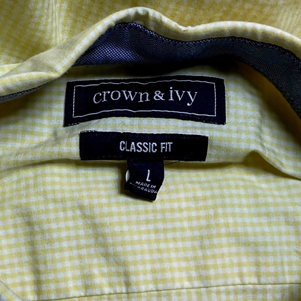 Crown & Ivy Mens Long Sleeve Button Down Cotton Shirt Yellow White Gingham Large - Picture 2 of 8